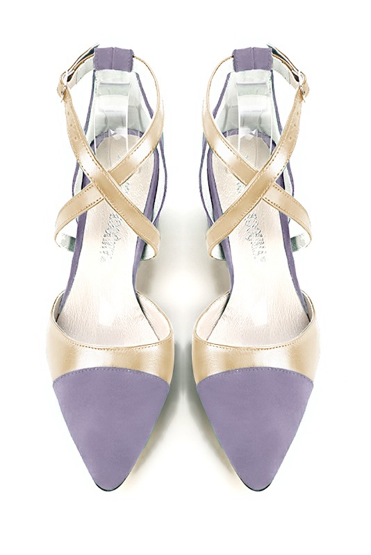 Lilac purple and gold women's open side shoes, with crossed straps. Tapered toe. Medium flare heels. Top view - Florence KOOIJMAN